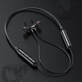 Magnetic sucker neck sports Bluetooth headset in black with necklace-style band and earbuds clipped together