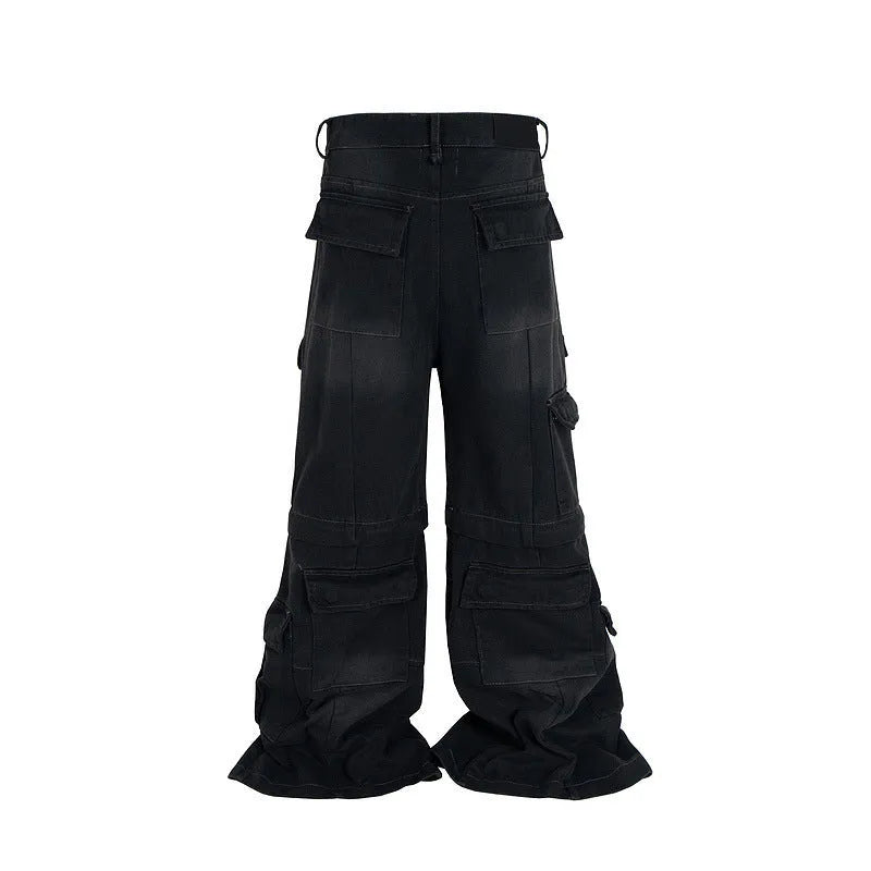 Detachable washed-out cotton overalls with multiple pockets and zip fly in black or blue colours