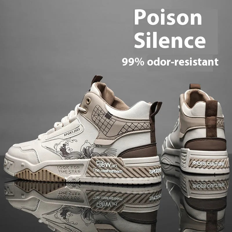 Men's beige high-top board shoes with lace-up front and rubber soles
