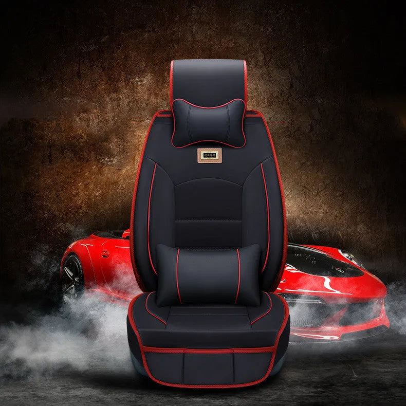 Five-seat leather car seat cushion cover set with cotton filler, shown in beige, black, brown and red options
