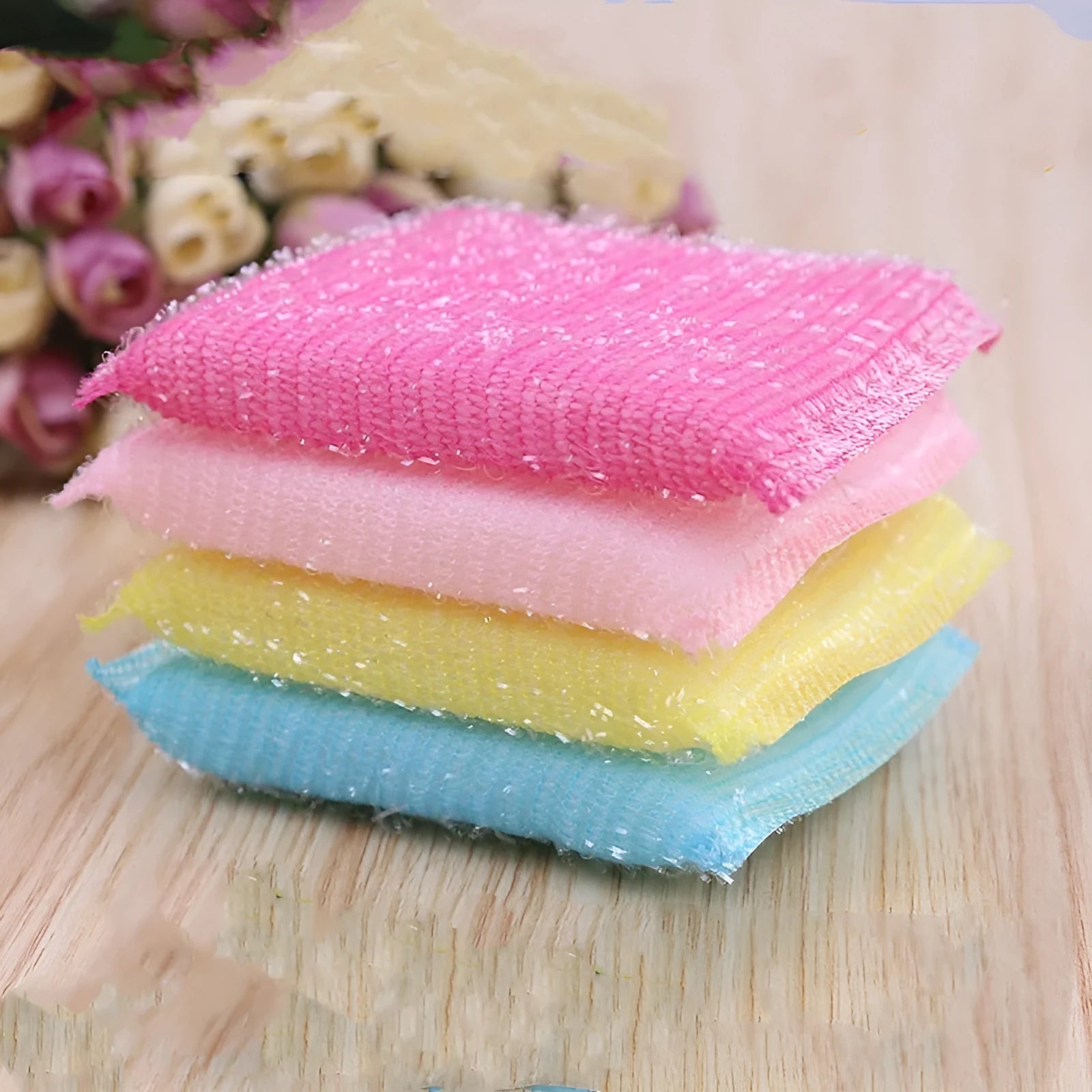 Pinstripe fabric dishwashing spong mop with plastic handle in macaron mixed colours