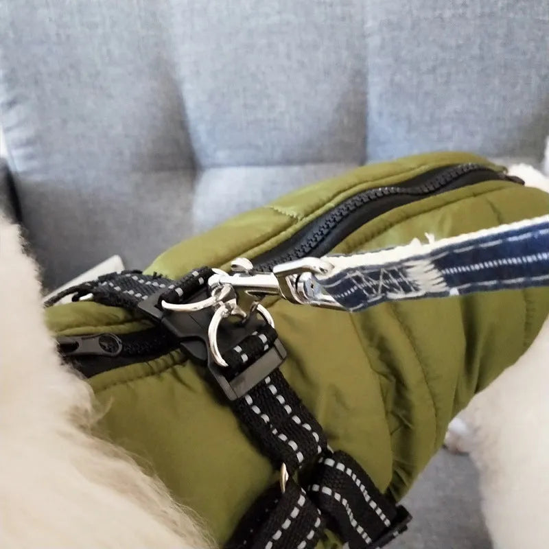 Waterproof dog coat with integrated harness in red, navy blue or army green rain silk fabric