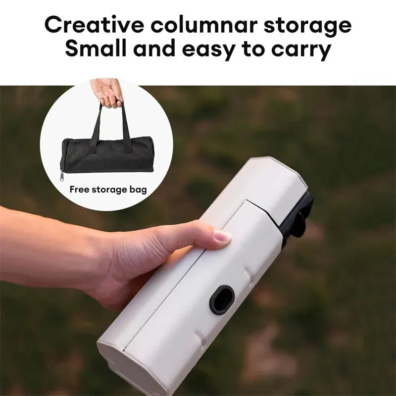 Green portable folding camping gas stove shown open for cooking and folded with its carry bag.