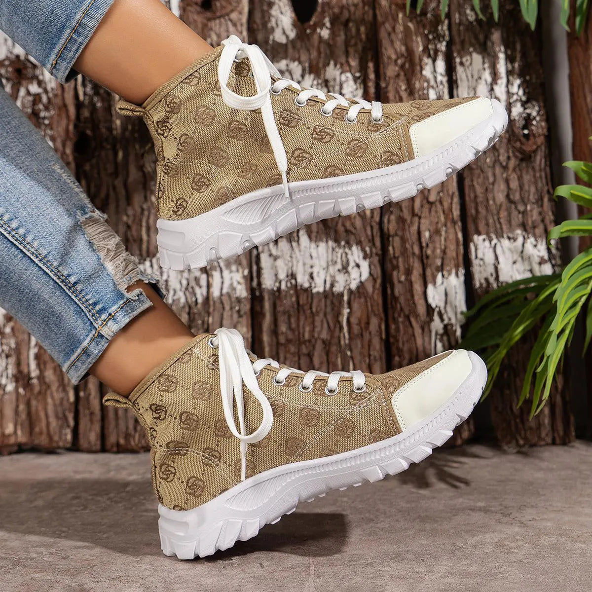 Women's rose print canvas lace-up boots with thick non-slip sole in black, pink, and khaki