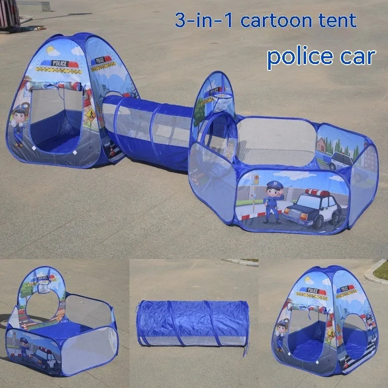 Children's three-in-one play tent set with ball pool and crawl tunnel in marine cartoon design