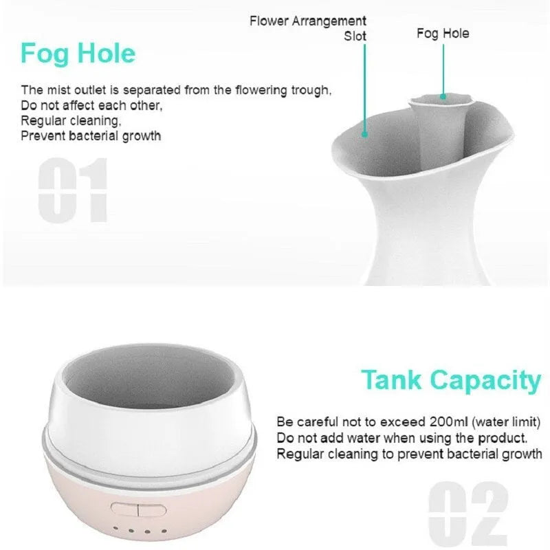 White ultrasonic aromatherapy humidifier with 200ml tank and colourful night light on wooden surface