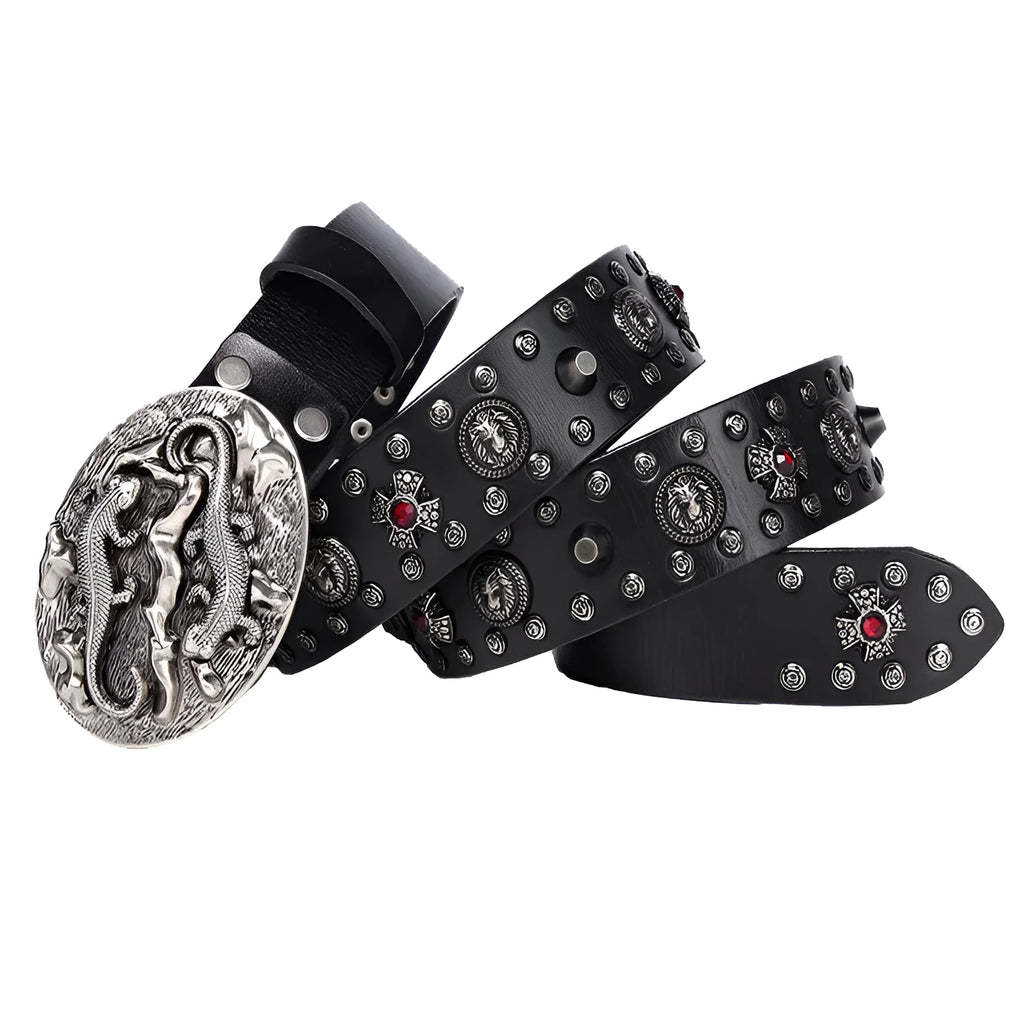 Men's genuine leather belt with punk rivet details and an alloy buckle in a retro colour.