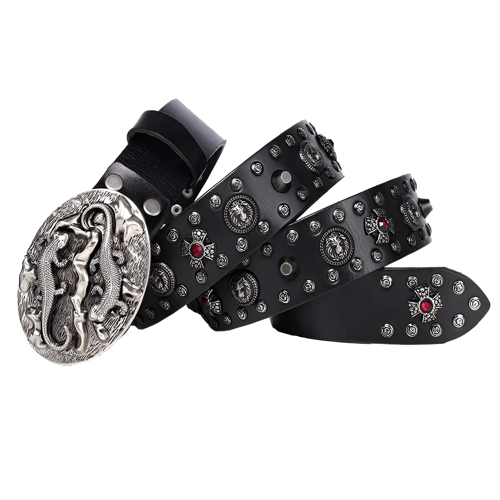 Men's genuine leather belt with punk rivet details and an alloy buckle in a retro colour.