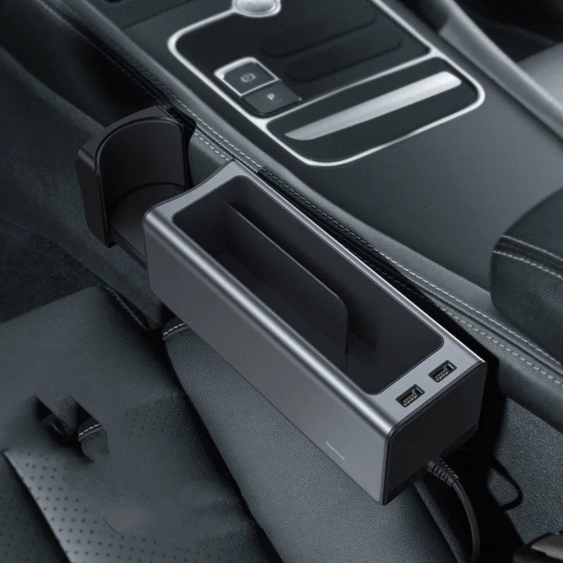 Baseus Zhizhen Metal Armrest Box Storage Box in black on a car seat armrest