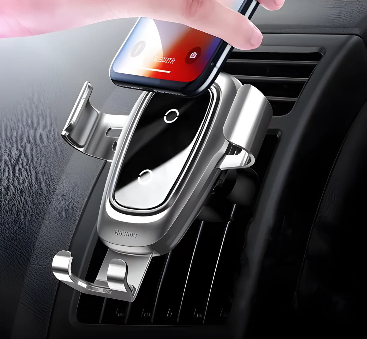 Baseus wireless car charger with metal gravity bracket, air vent mount, aluminium alloy and glass panel, in Gules, Silver or Twilight.