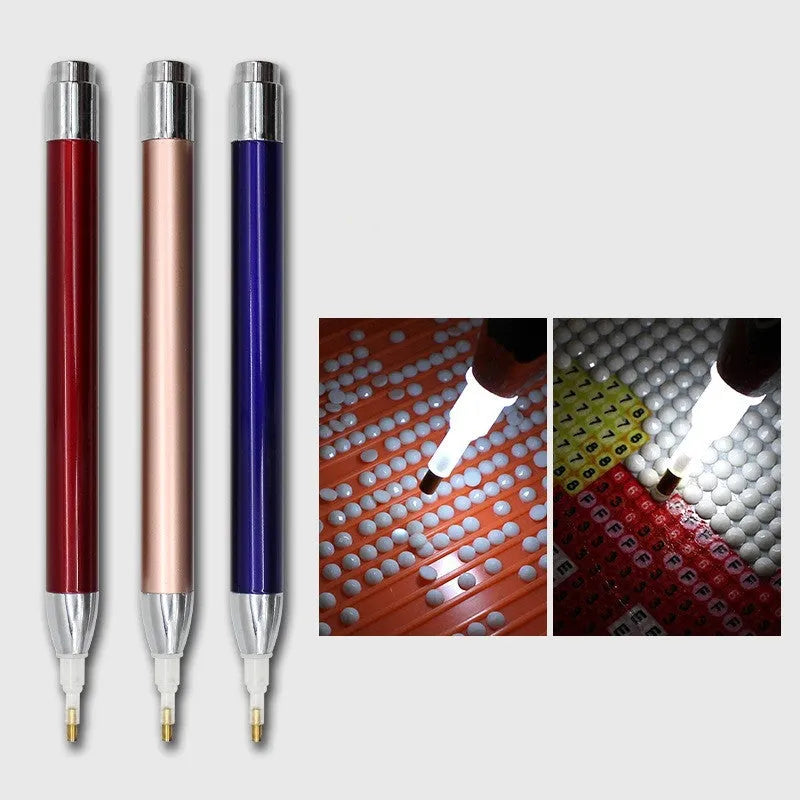 Luminous diamond painting drill pen in aluminium alloy with gold, red, or blue tip