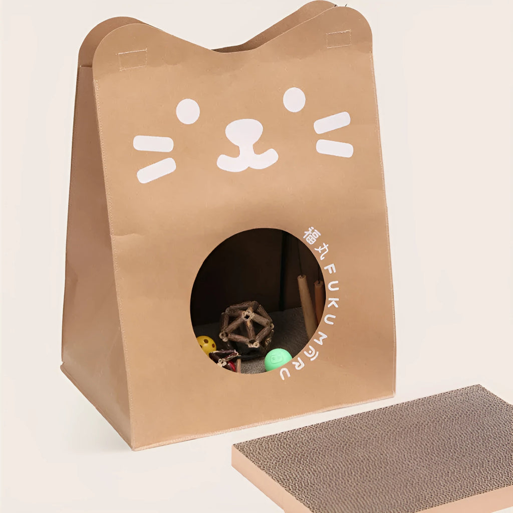 Brown kraft paper cat nest with integrated corrugated paper scratch board, measuring 40x30x53cm