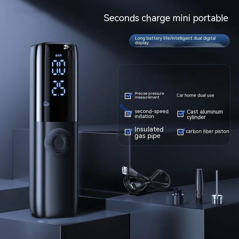 Black portable electric car air pump with pressure gauge and inflation tube