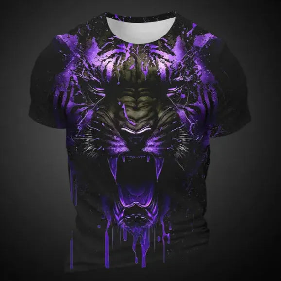 Men's 3D tiger pattern short sleeve t-shirt in polyester bird eye cloth fabric