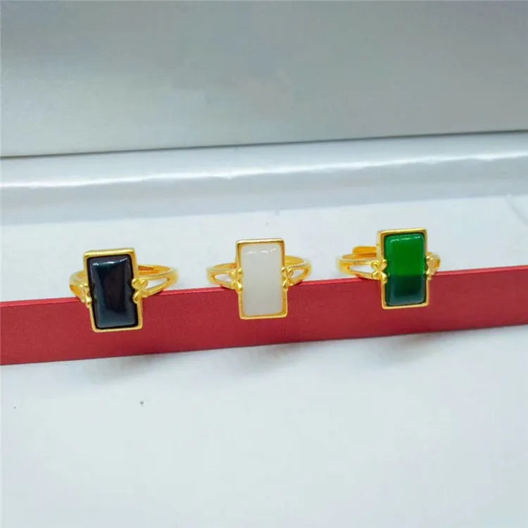 Adjustable brass gold-plated ring with electroplated finish and artificial gemstone accents