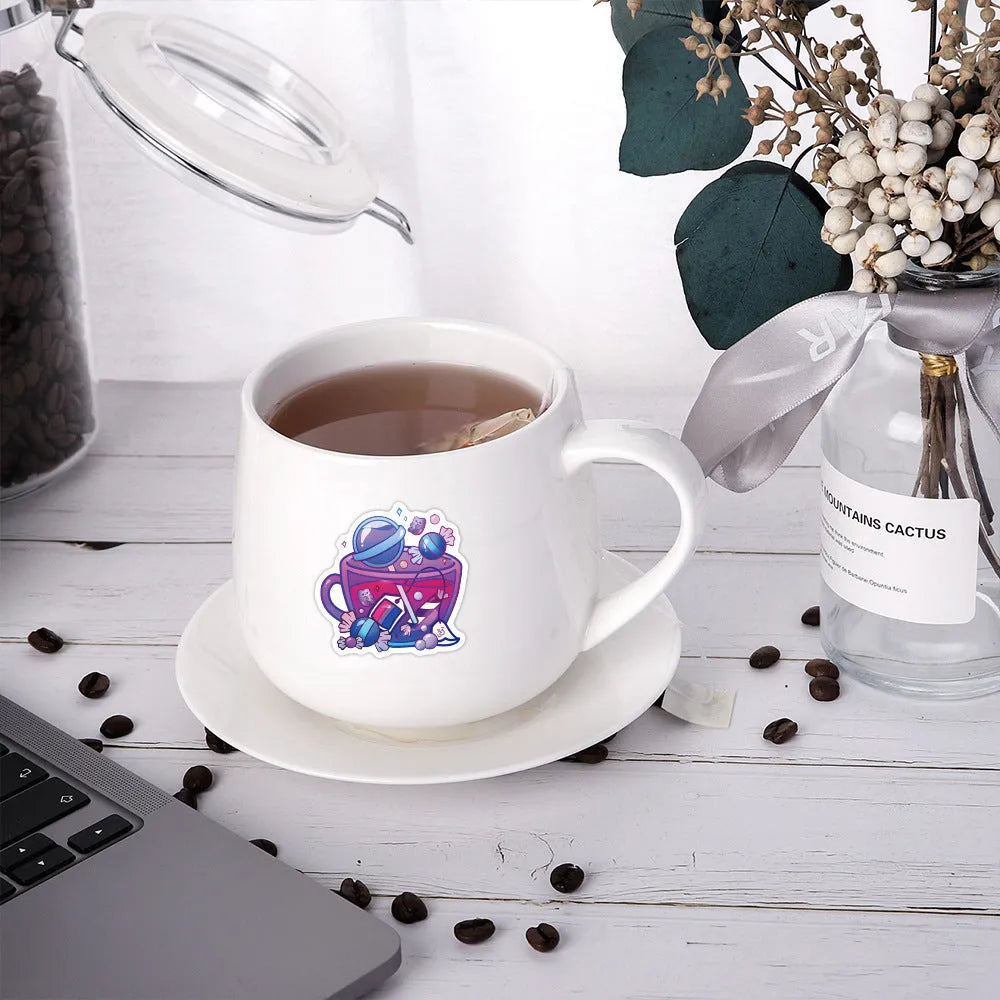 Colourful tea cup graffiti waterproof stickers for luggage and scooter decoration, 50-piece set