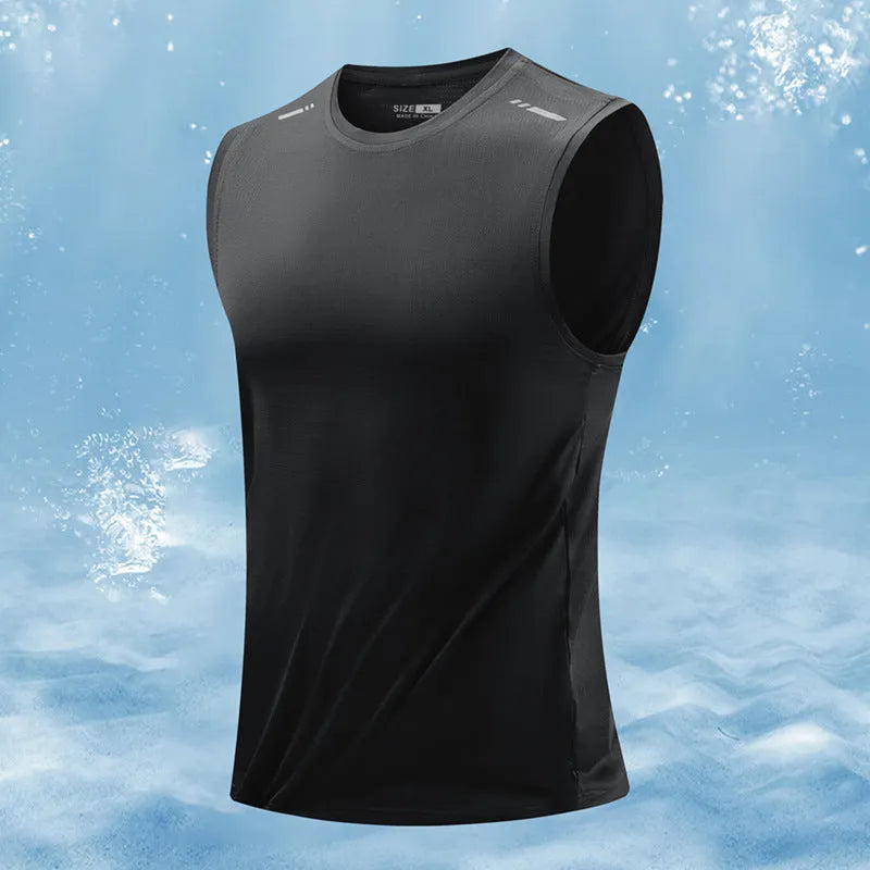 Men's loose-fit sleeveless waistcoat vest in a solid colour, showing straight hem design.