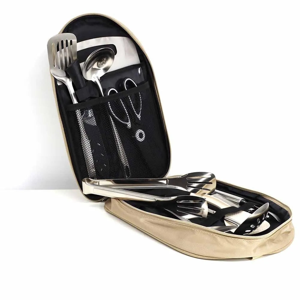 12-piece stainless steel portable picnic kitchenware set in khaki, green or brown colour options