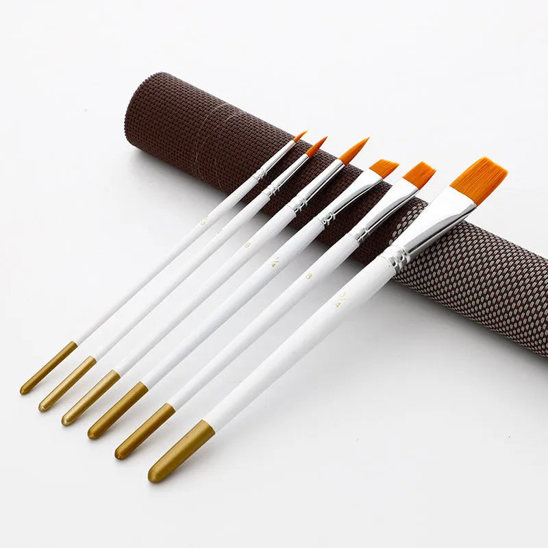 Set of six watercolour acrylic brushes with wood handles and metal ferrules in assorted sizes.