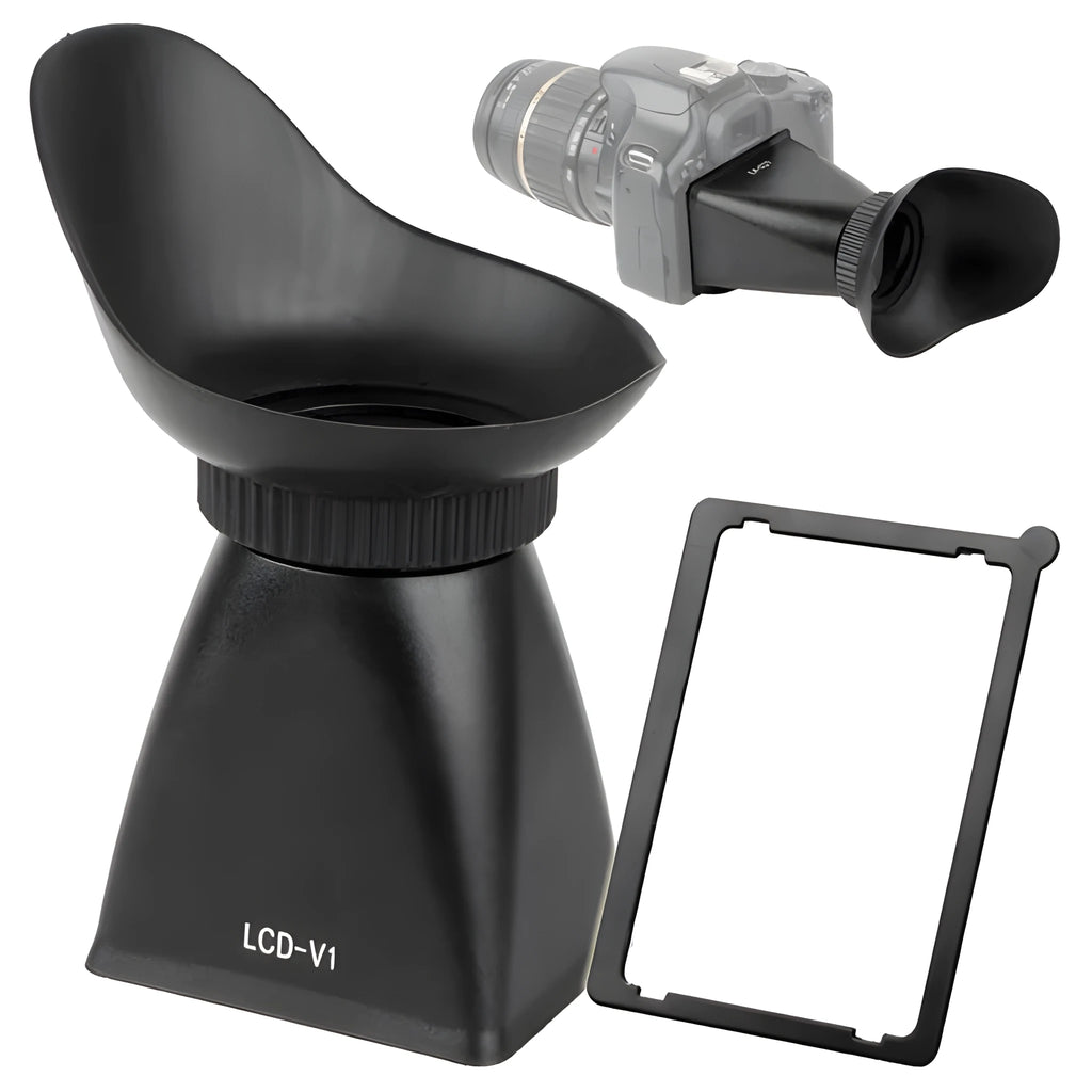 Black camera LCD viewfinder amplifier with optical lens, shown attached to a DSLR for outdoor video use.