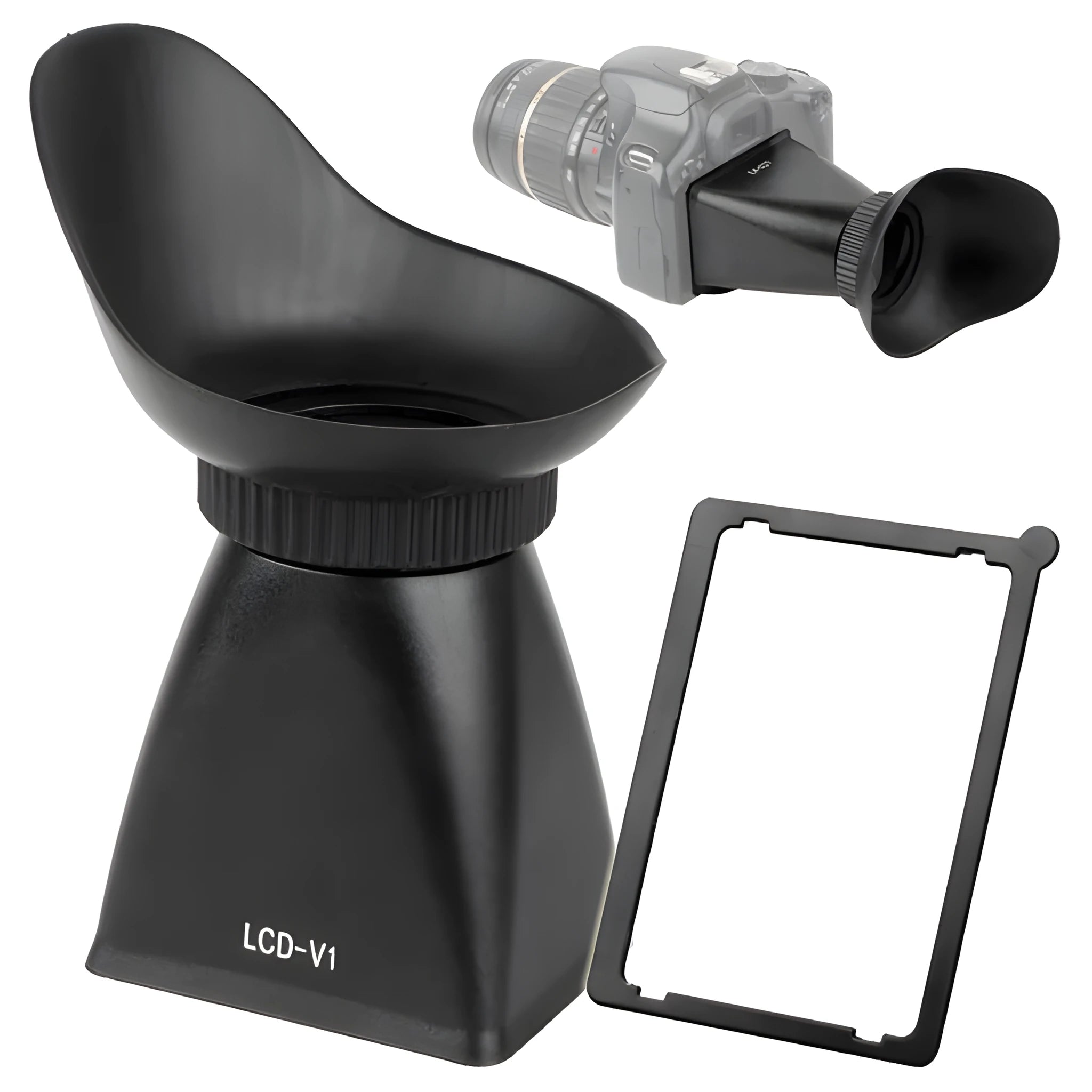 Black camera LCD viewfinder amplifier with optical lens, shown attached to a DSLR for outdoor video use.