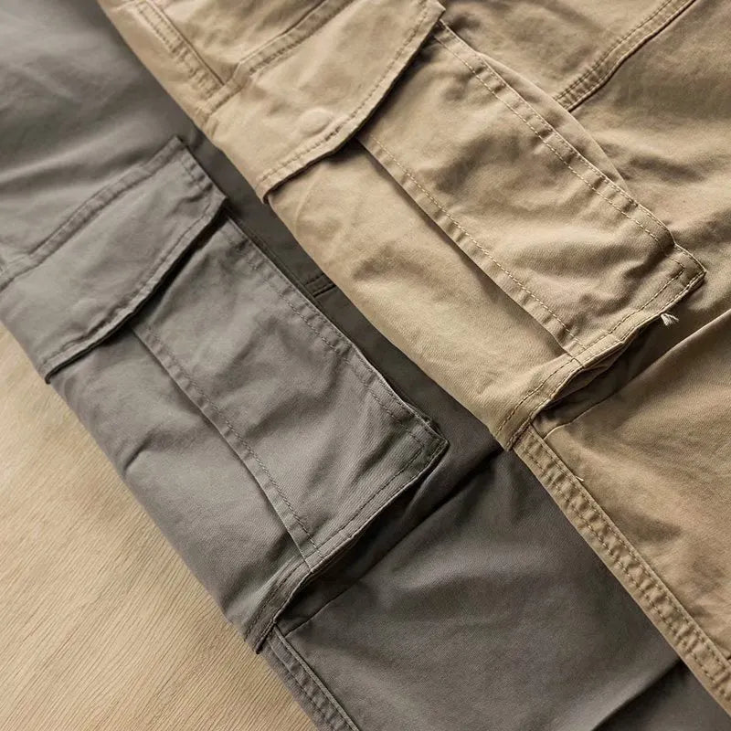 Men's cotton multi-pocket work trousers in khaki colour with cropped length design