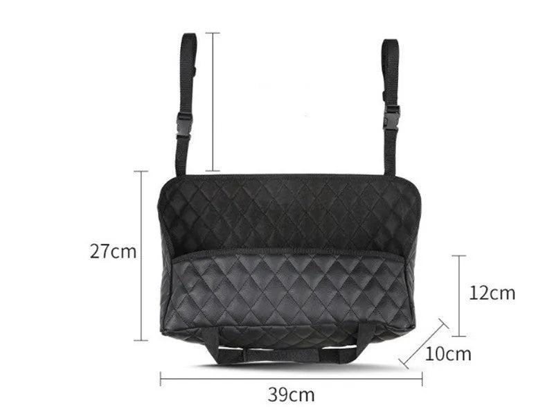Black nylon car seat storage net pocket between front seats, 27x39x10cm universal fit