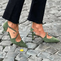 Plus size pointed toe suede cross buckle strap hollowed sandals in apricot, high heel 6-8cm