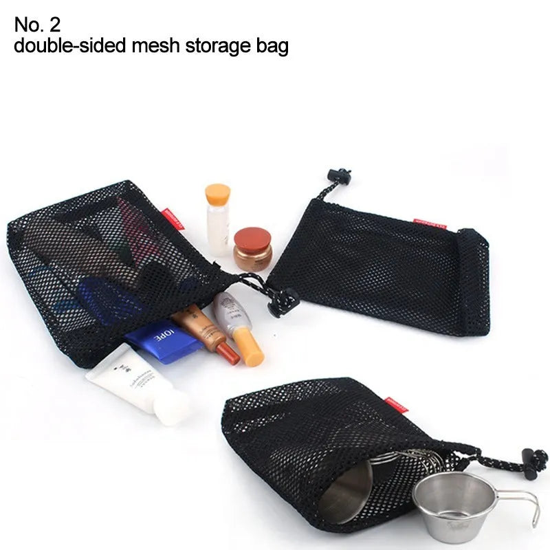 Set of five red Oxford cloth travel storage bags with mesh panels and zippers