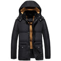 Black men's loose fit velvet padded jacket with double breasted front and attached hood