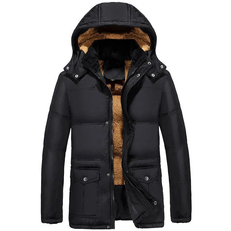 Black men's loose fit velvet padded jacket with double breasted front and attached hood