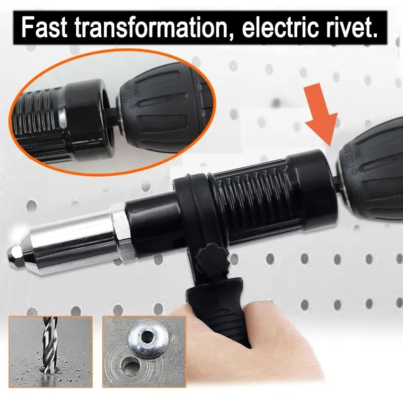 Black metal electric drill rivet gun conversion tool with handle, wrench, and rivet heads