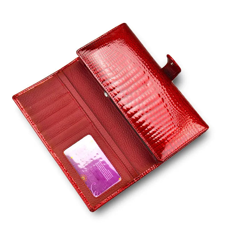 Women's leather coin purse with crocodile pattern texture in wine red, black, or red colours