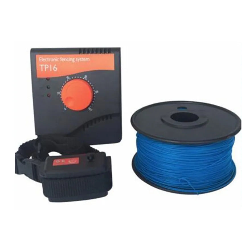 Pet electronic fence with waterproof receiver, adjustable one square kilometre boundary, and 300m coil.