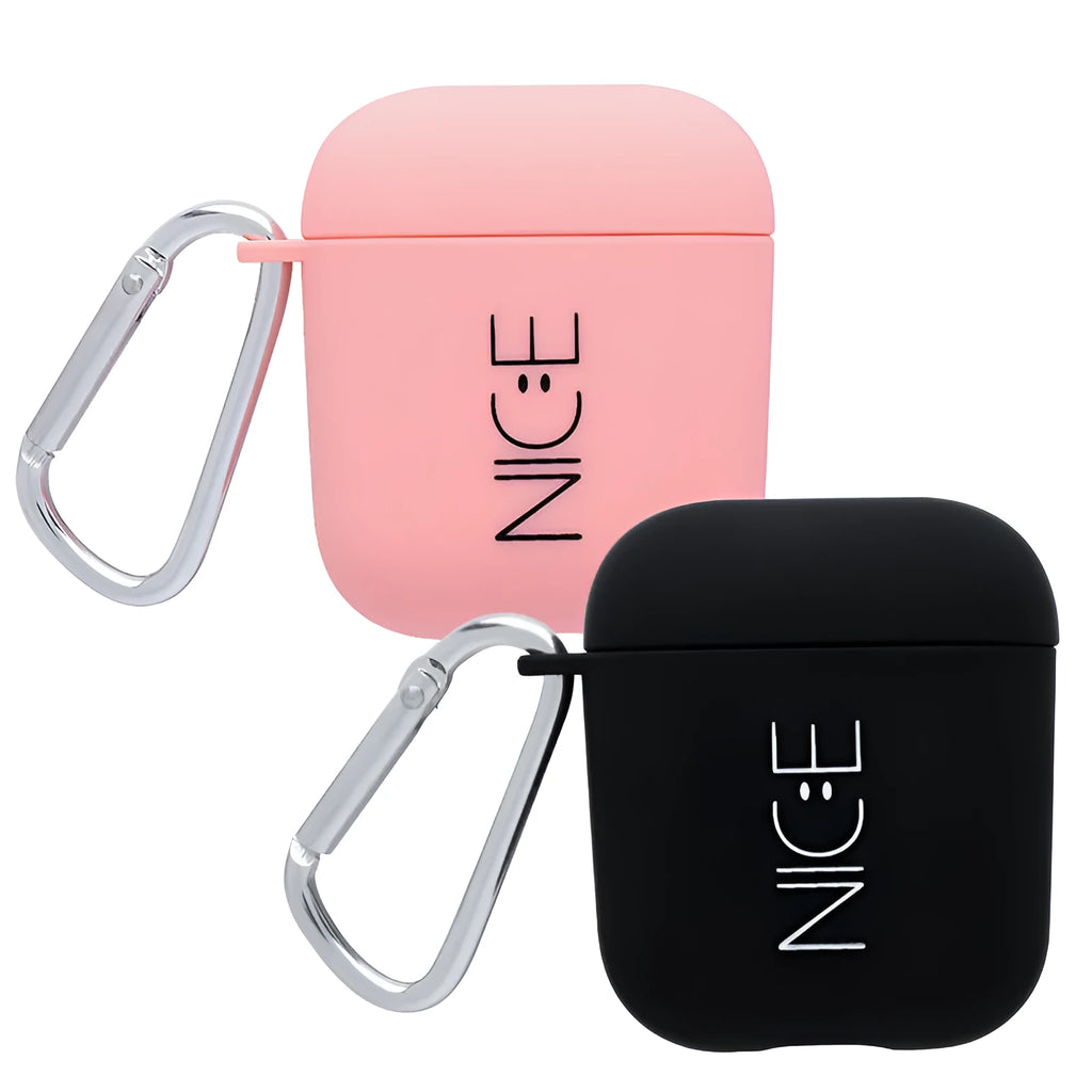 Black and pink hard PC protective cases for AirPods with decorative flower, love, and smiley face designs