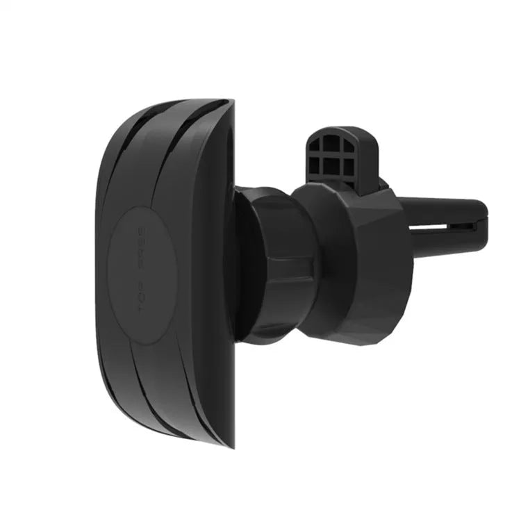 Black car phone holder mounted on car air vent with adjustable clamp mechanism