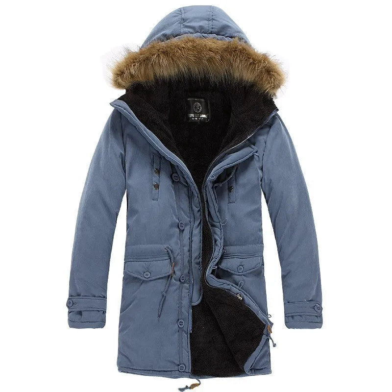 Men's hooded cotton parka jacket in black, blue, green or khaki with patch pockets