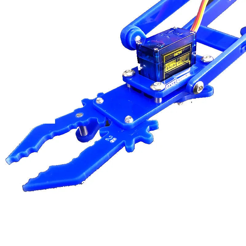 Manipulator arm electronic production parts kit with brown and royal blue brackets, dual control rocker module and SG90 steering gear