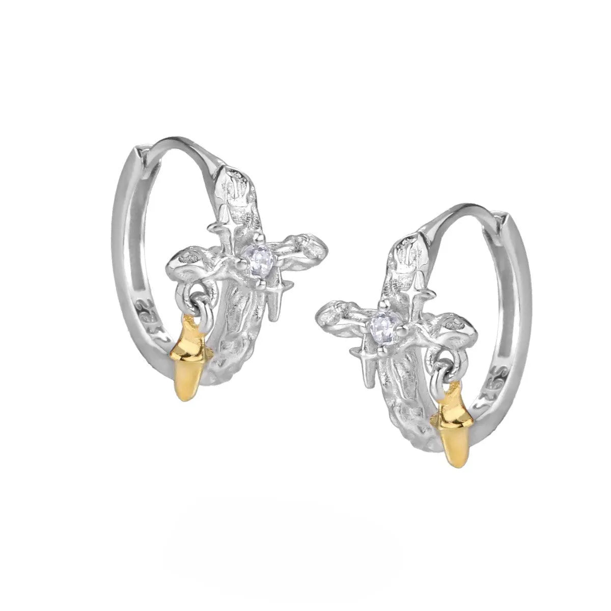 Geometric cross earrings with round elements in sterling silver with white gold colour finish