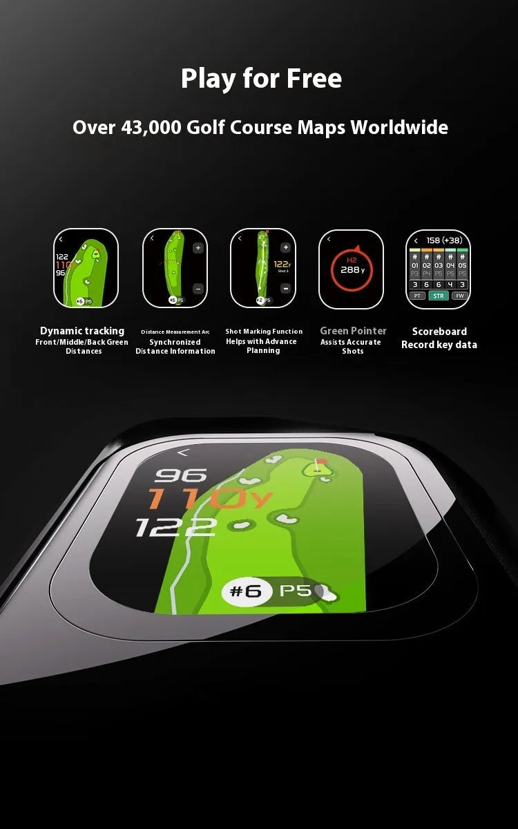 Black GenePro G1 GPS rangefinder with telescope lens and colour touchscreen display.
