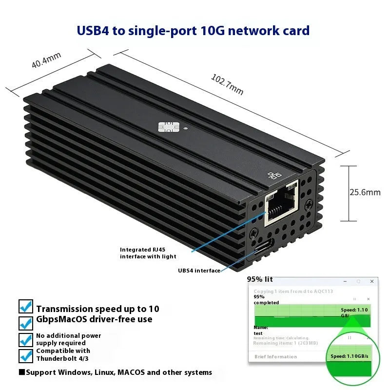 Black Leyu USB4 to 10 Gigabit Ethernet adapter with 20cm cable showing RJ45 port