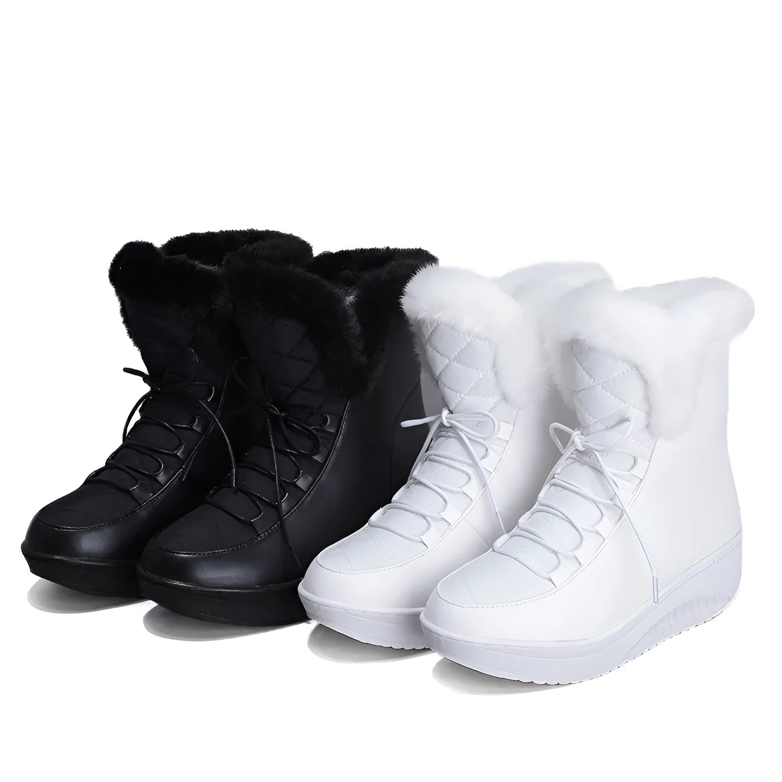 Women's black platform winter boots with lace-up closure and water-resistant PU leather