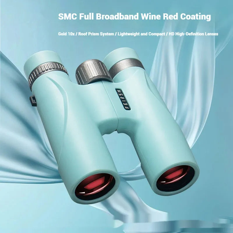 10x32 binoculars with wine red film bright finish showing blue colour option and optical specifications