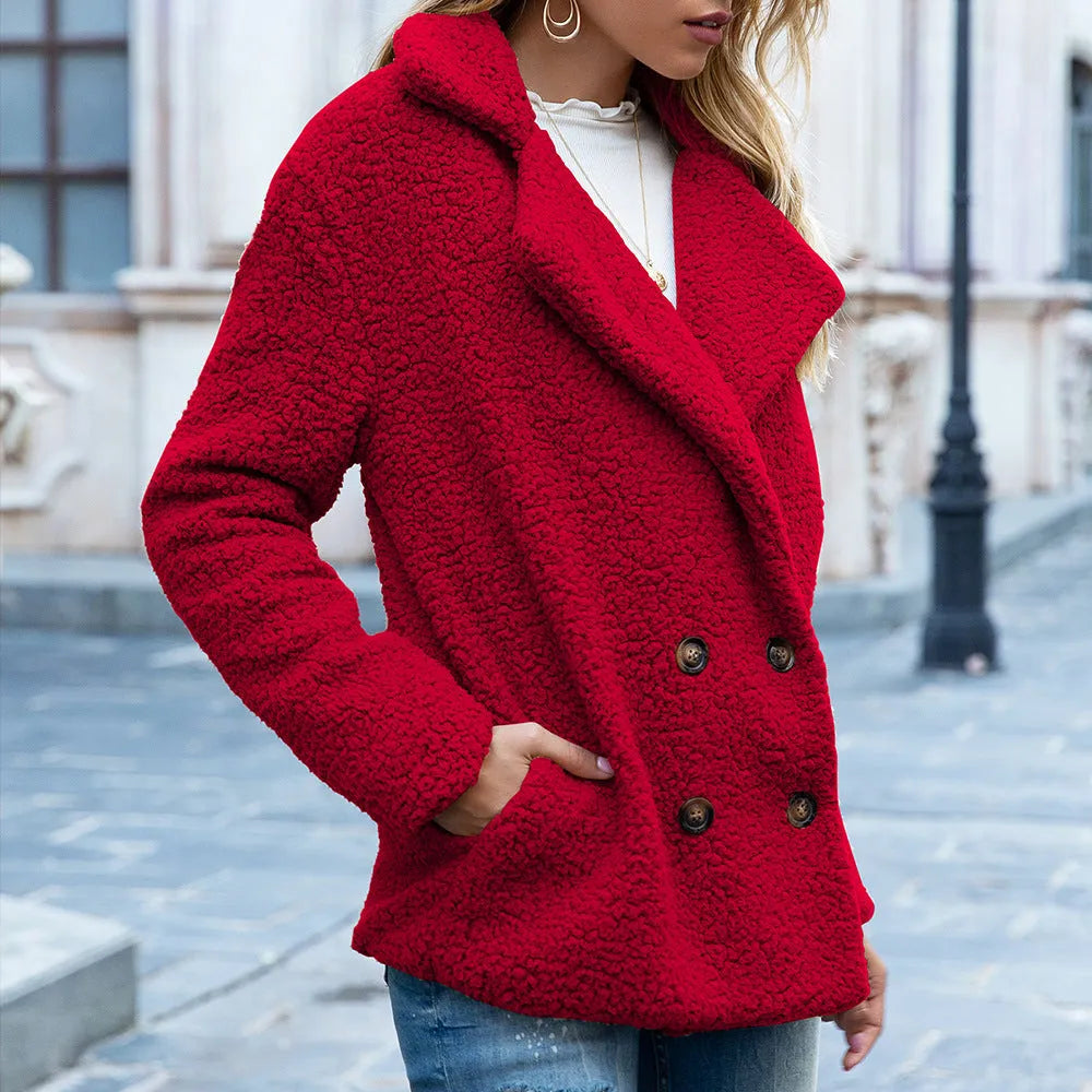 Women's loose lapel fluffy button coat in polyester available in multiple colours and sizes
