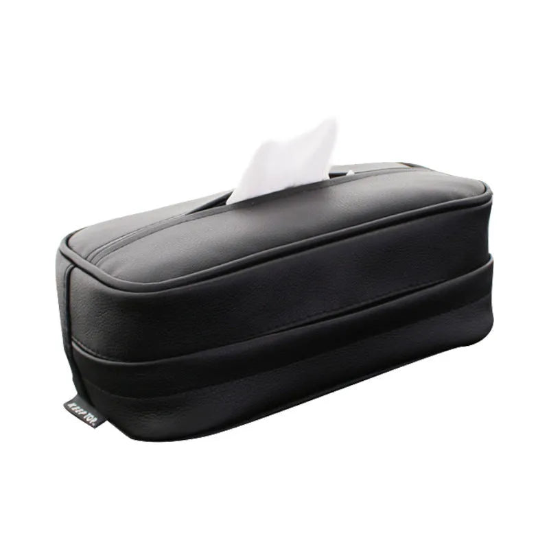 Black and beige PU leather hanging organiser box for car or home storage.
