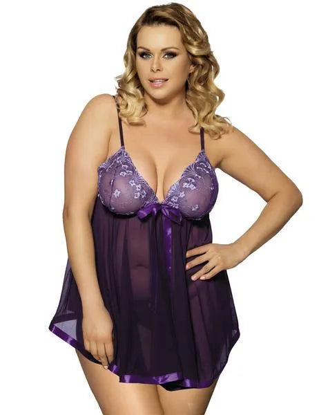 Women's seamless lace and mesh lingerie sleepdress in black, available in big code sizes up to 6XL