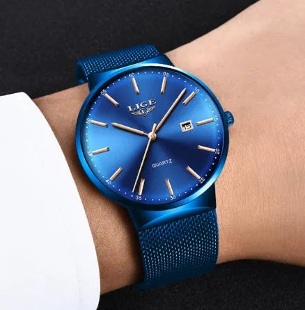 Men's stainless steel watch with 40mm dial on a metal bracelet in black, blue, or two-tone colour