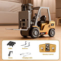 1:64 scale mini alloy remote control forklift toy with remote, cargo hook, forks, and pallet.
