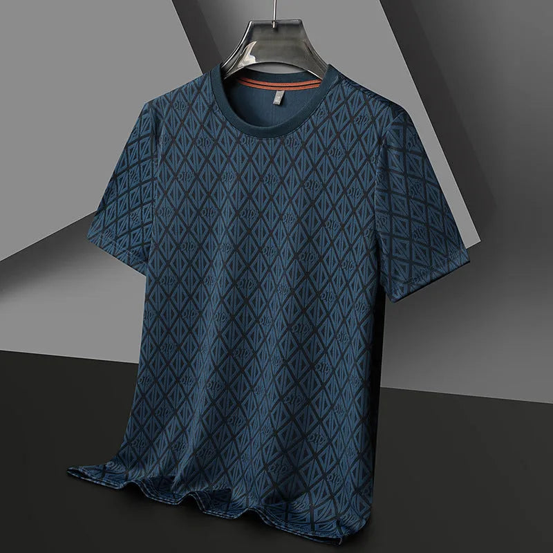 Men's loose fit jacquard short sleeve t-shirt in ice silk fabric, showing round neck and solid colour.