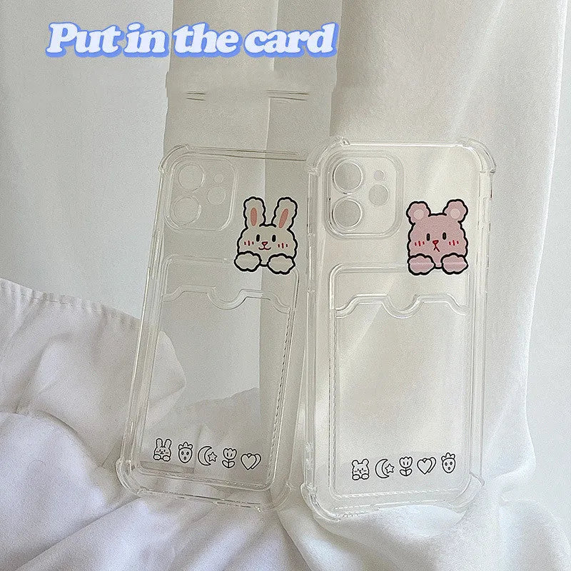 Transparent cartoon phone case with card holder pocket for iPhone models